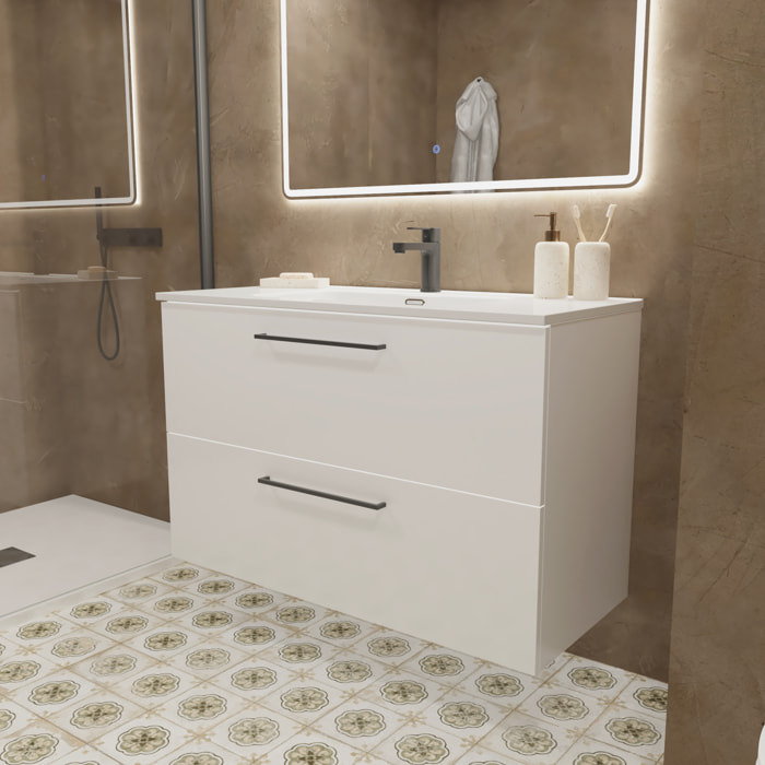Meuble de Salle de Bain Vex | 80Cm Blanc | Deux Tiroirs | Évier Encastré | Miroir non inclus | Meubles Assemblés | Alday