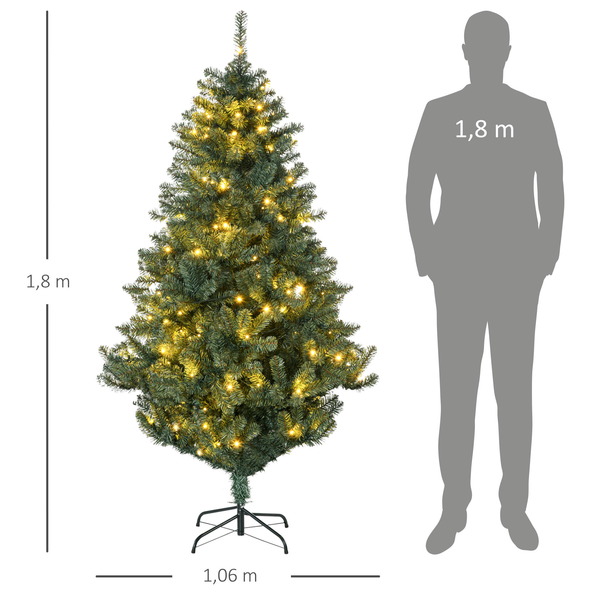 Árbol de Navidad Artificial 180 cm con 150 Luces LED Árbol con 8 Modos de Iluminación de Navideño con 650 Ramas y 100 Decoraciones Árbol Automático Acero Ø106x180 cm Verde