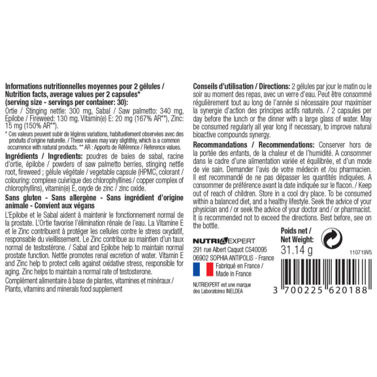 NUTRIEXPERT - Prostagenol - Confort urinaire et maintien du fonctionnement de la prostate - 60 gélules végétales - Cure de 30 j