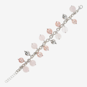 PERLAVIVA - Bracciale Catena Rolo in Argento 925 placcato Oro Bianco 18Kt con Charms in Quarzo Rosa e Perle d'Acqua Dolce Rosa Ø 10/10.5 mm