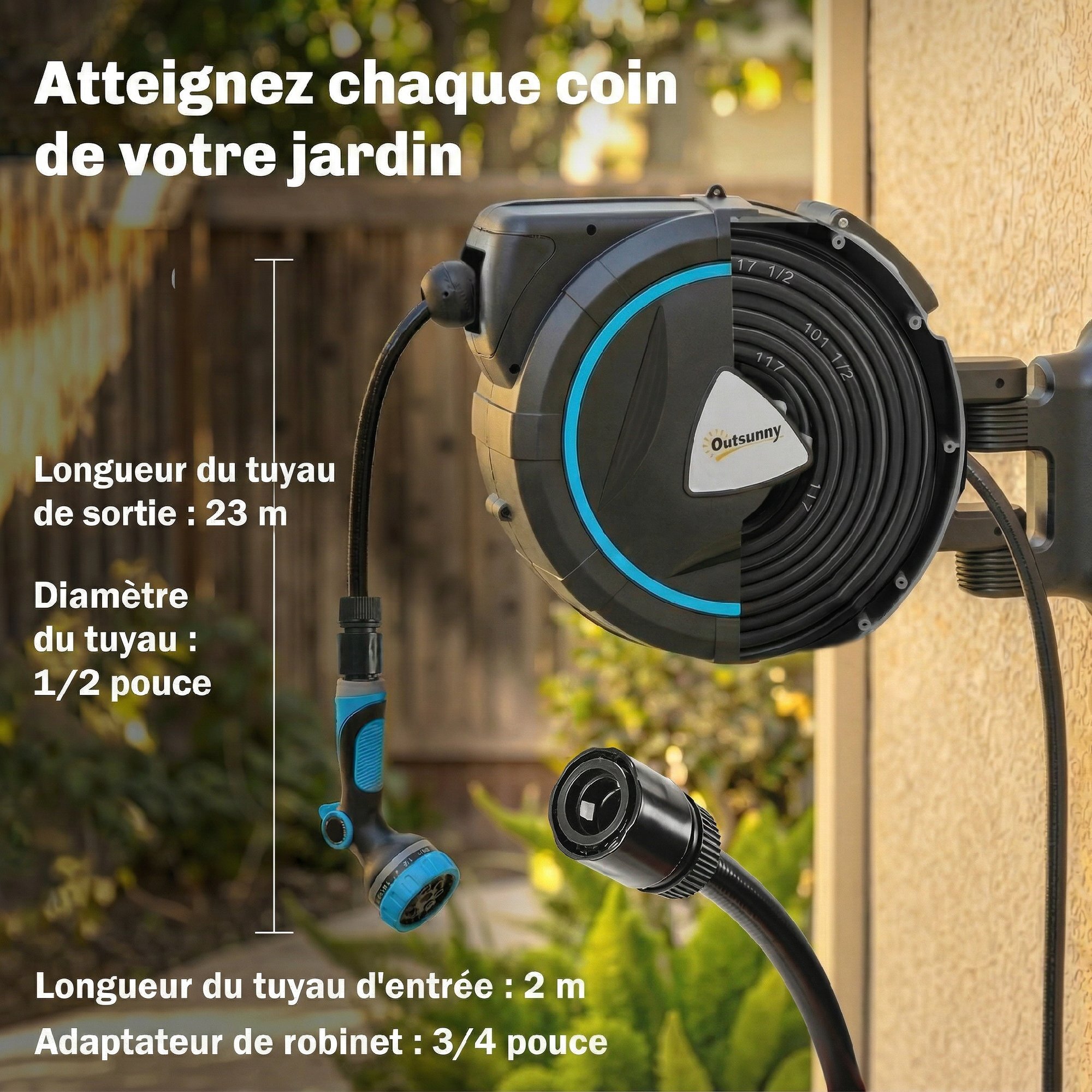 Dévidoir mural enrouleur auto pivotant 180° tuyau 14+1,5 m pistolet arrosage 10+2 modes support mural intégré noir bleu