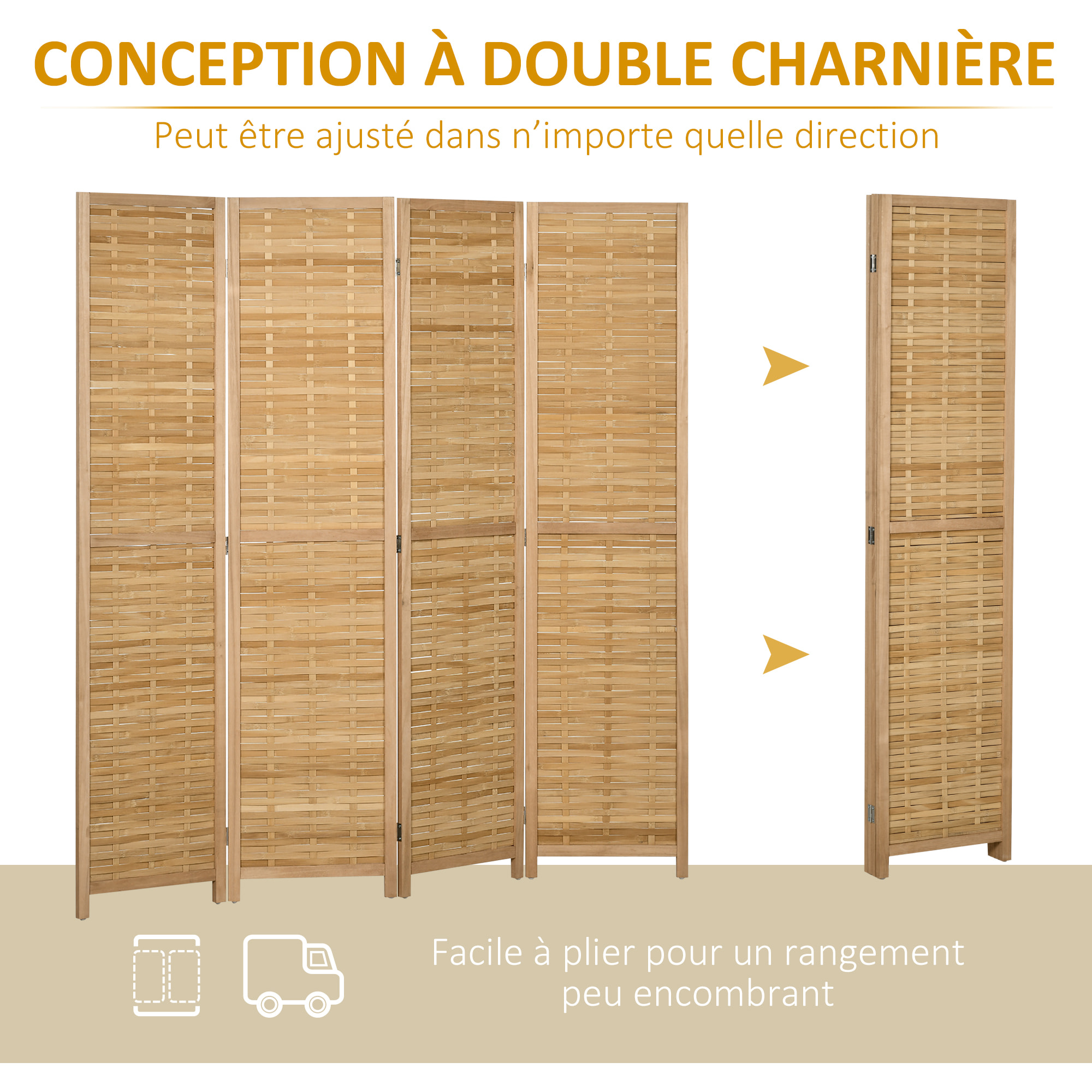 Paravent intérieur séparateur de pièce pliable 4 panneaux dim. 160L x 170H cm bois bambou