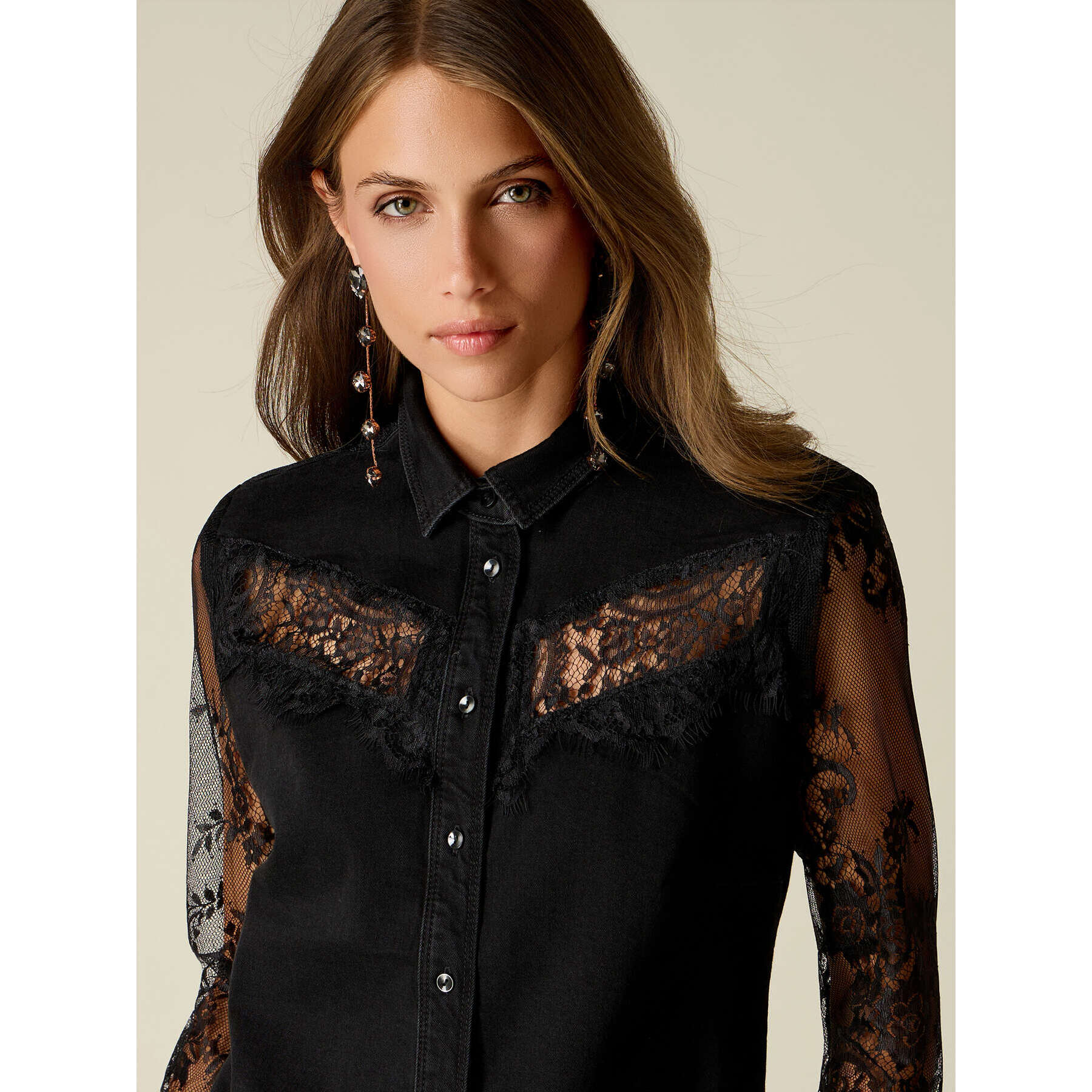 Oltre - Camicia in denim e pizzo - Nero