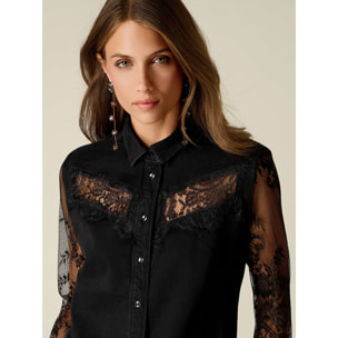 Oltre - Camicia in denim e pizzo - Nero