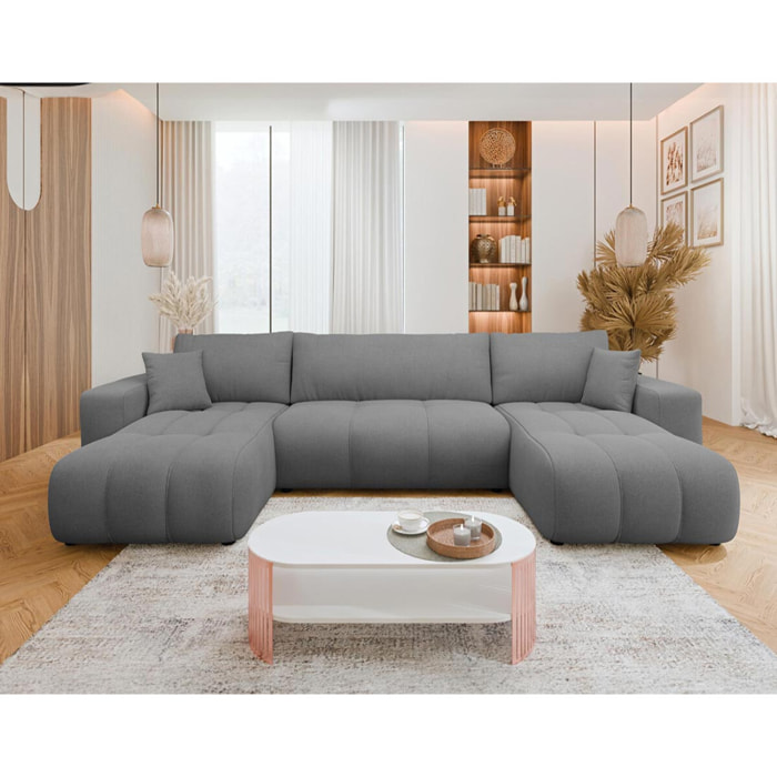 Nicole - Canapé panoramique en U 7 places convertible avec coffre en tissu - Gris