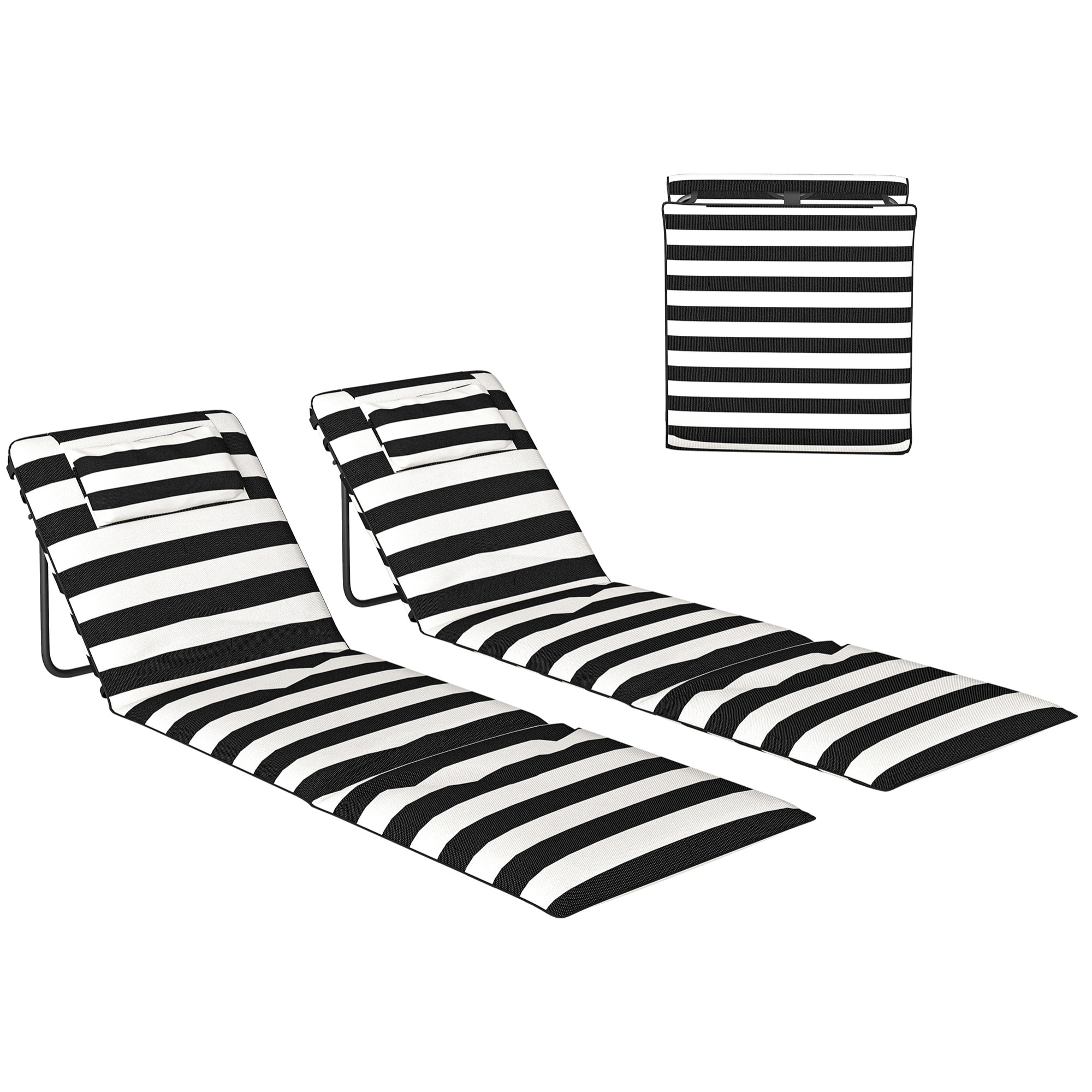 Conjunto de 2 Esterillas de Playa Plegable, Esteras Portátil con Respaldo Ajustable, Reposacabezas Acolchado Tela Oxford 600D y Estructura de Metal, para Jardín, 150x50x2 cm, Gris y Blanco