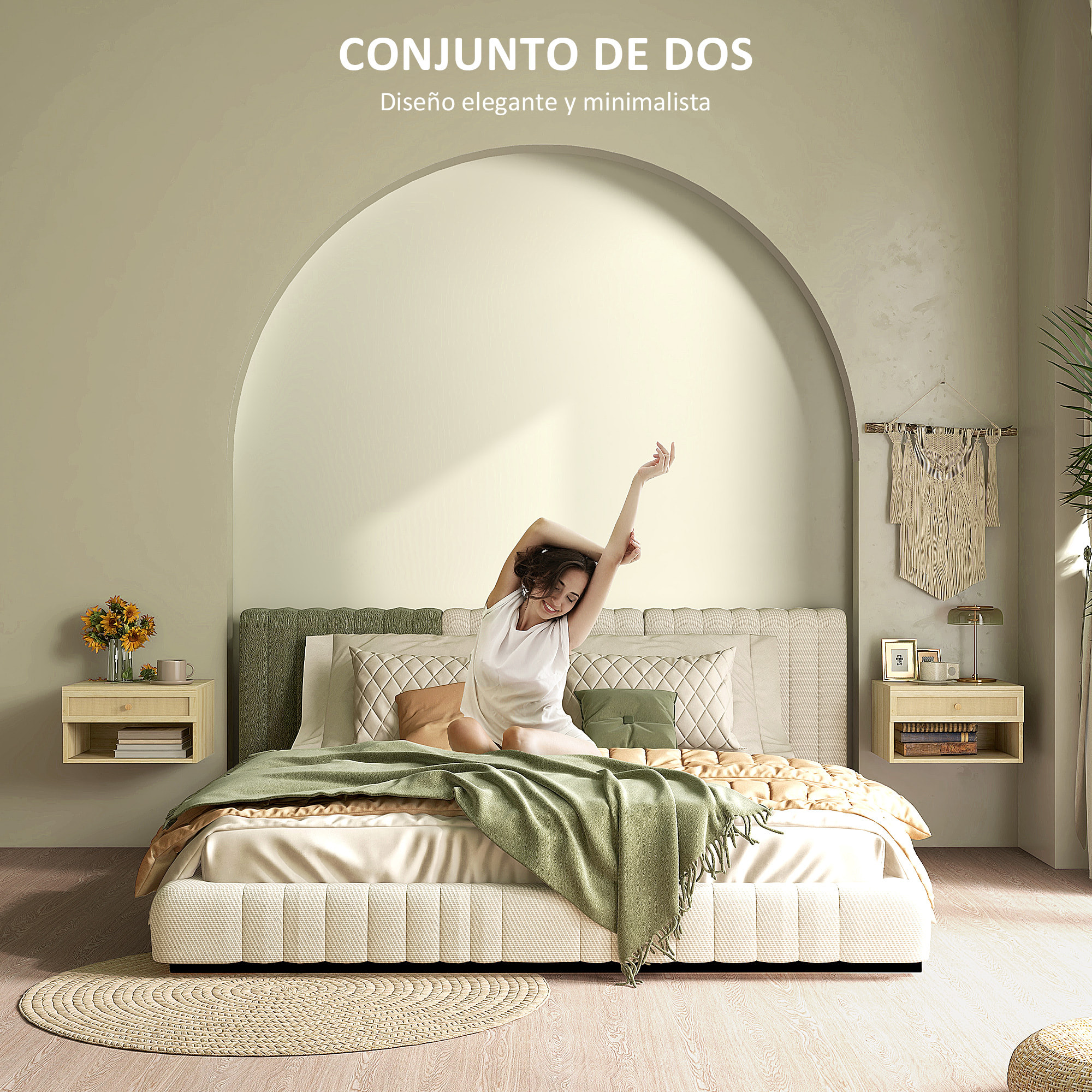 Juego de 2 Mesitas de Noche Flotantes Mesitas de Noche Colgantes con Compartimento Abierto y Cajón con Frontal de Ratán Mesas de Noche para Habitación Hogar 40x34x23 cm Natural