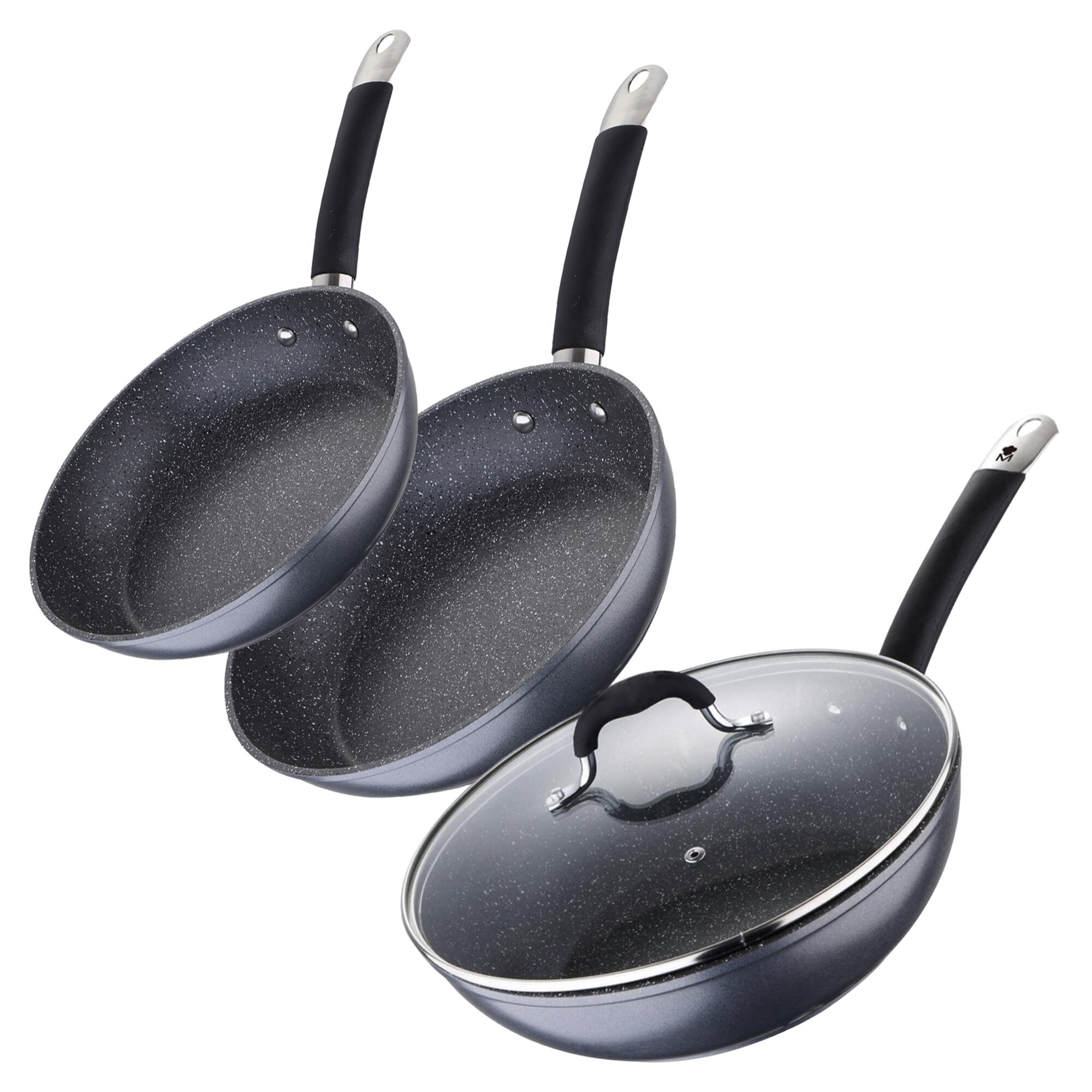 Juego de 2 Sartenes Ø20Ø24cm + Wok de Ø28cm en Aluminio forjado aptas para inducción color Gris MasterPRO