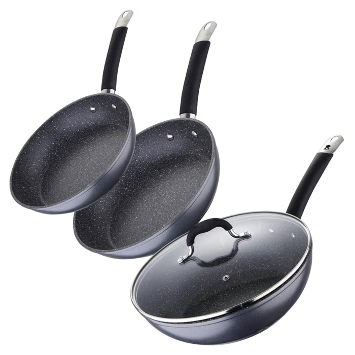 Juego de 2 Sartenes Ø20Ø24cm + Wok de Ø28cm en Aluminio forjado aptas para inducción color Gris MasterPRO