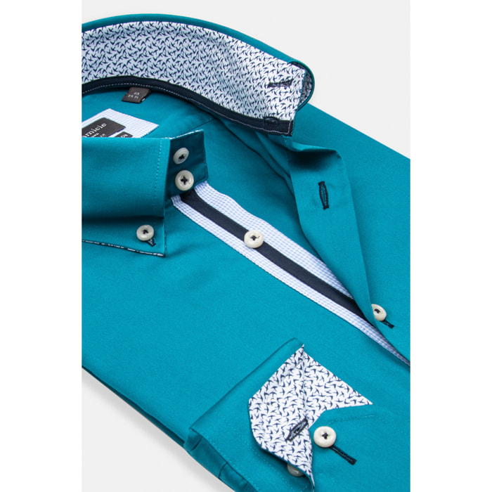 Camicia Uomo 2 Bottoni Button Down Slim Satin Unito Verde Ottanio