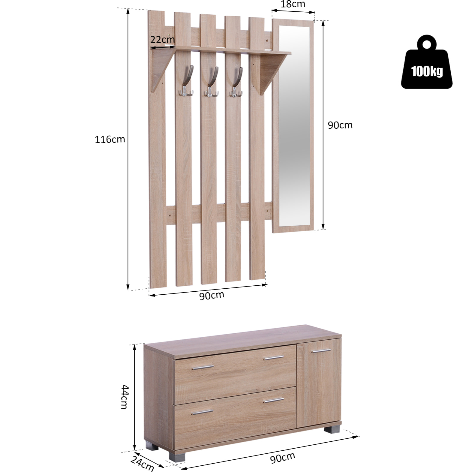 Pack 3 Muebles de Entrada Pasillo 90x21,5x116cm Roble