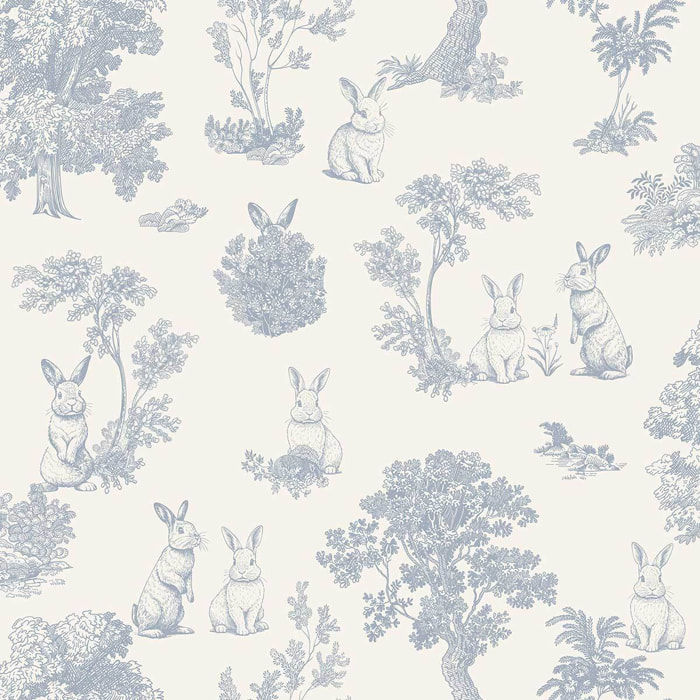 Papier peint lapin toile de Jouy bleu blanc