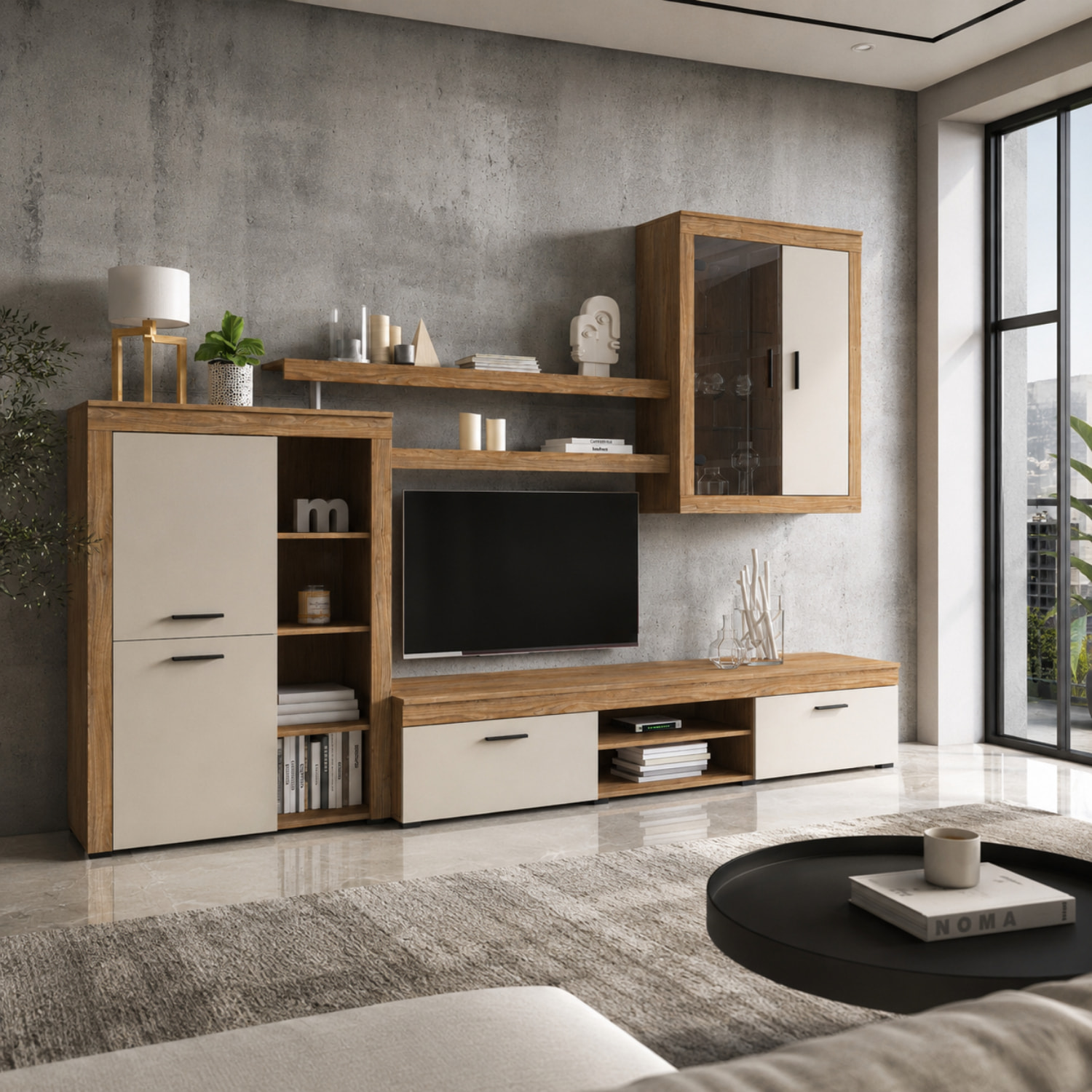 Parete Attrezzata Da Soggiorno Salotto Moderna Con Ante Mensole Vani A Giorno Vetrinetta Mobile TV Design Moderno 293x193x50 Cm Bianco Rovere Scuro