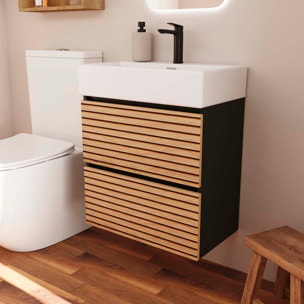 Meuble de Salle de Bain YINU | 60 cm Noir - Solomon | Fond 36 cm | Deux Tiroirs | Lavabo Encastre | N'inclut Pas Miroir | Meuble Monte | Alday