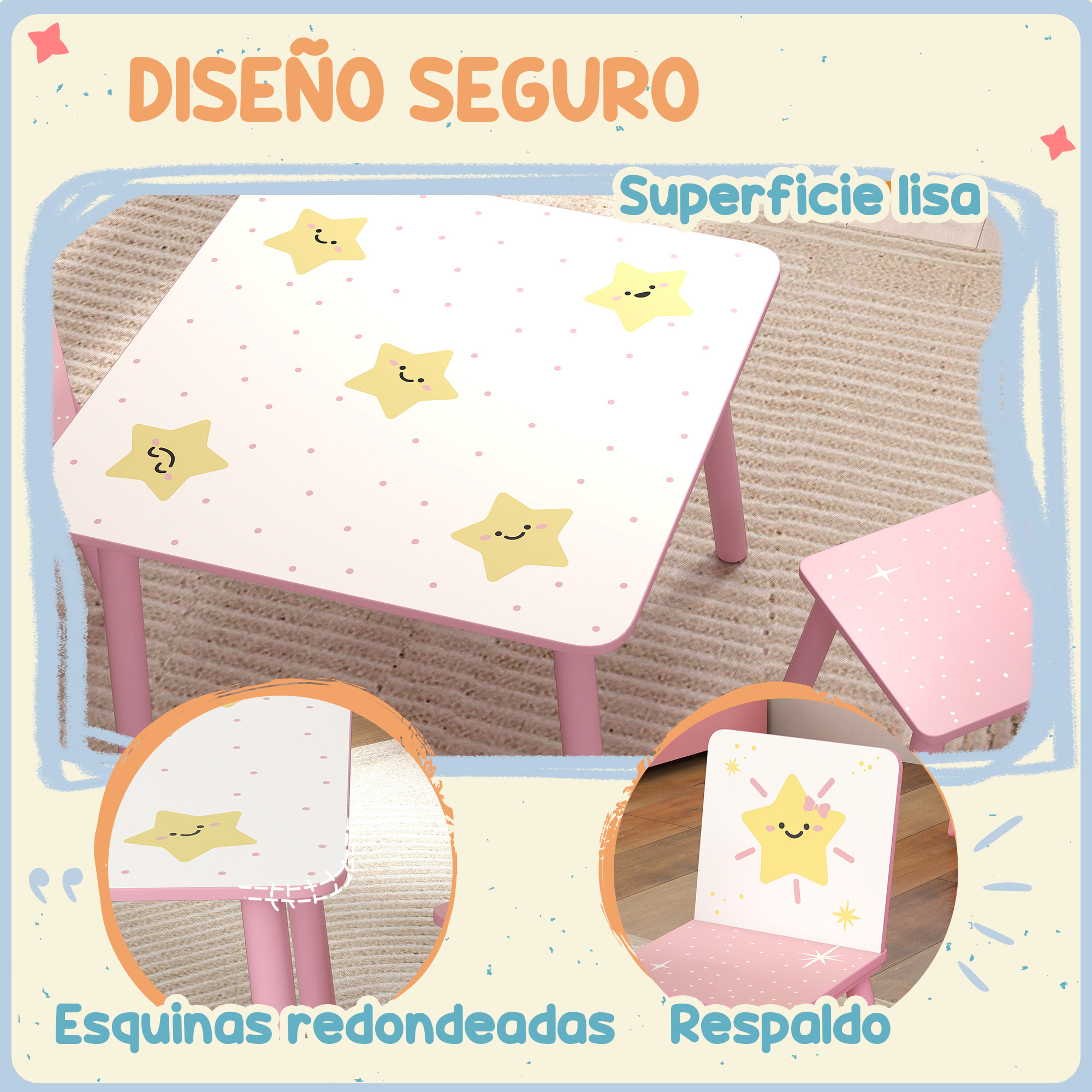 Mesa y Sillas Infantiles de 3 Piezas, Mesa Infantil con 2 Sillas de Madera de Pino, Juego de Muebles con Dibujos de Estrella para niños de +3 Años, para Dormitorio, Sala de Juegos, Rosa