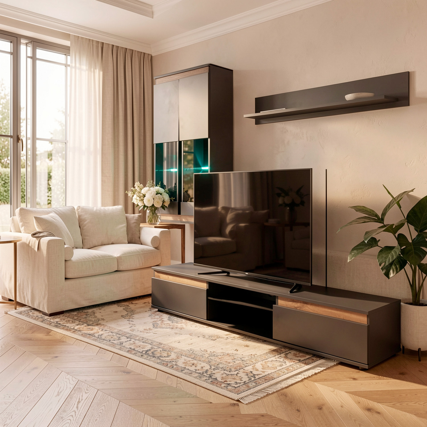 Parete Attrezzata Soggiorno Mobile Tv Vetrine Led Mensola Moderno Living Arredo Contenitore Vani Giorno Resistente 175x 150x 37 Cm Antracite E Rovere