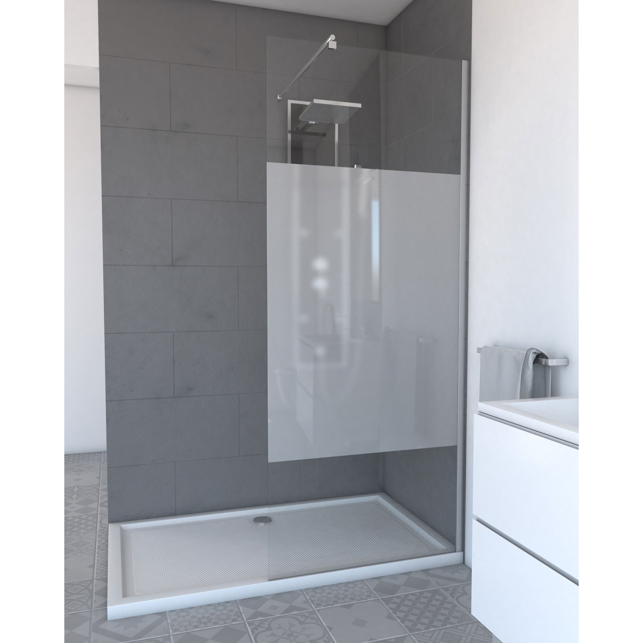 Paroi de Douche Dépolie 80x200cm + Barre de fixation extensible - Verre 8mm - Finition Chrome
