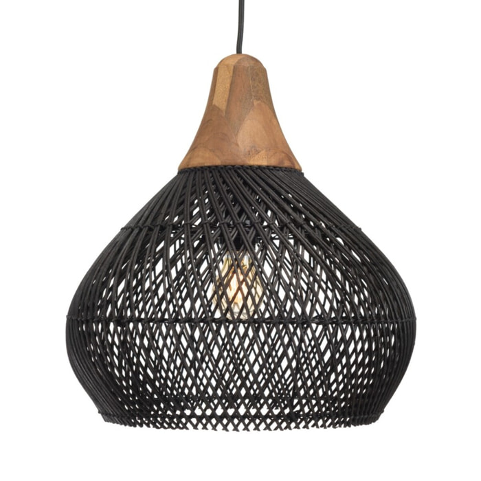 SIXTINE - Suspension 'cloche' 40x40cm en rotin couleur noire et teck