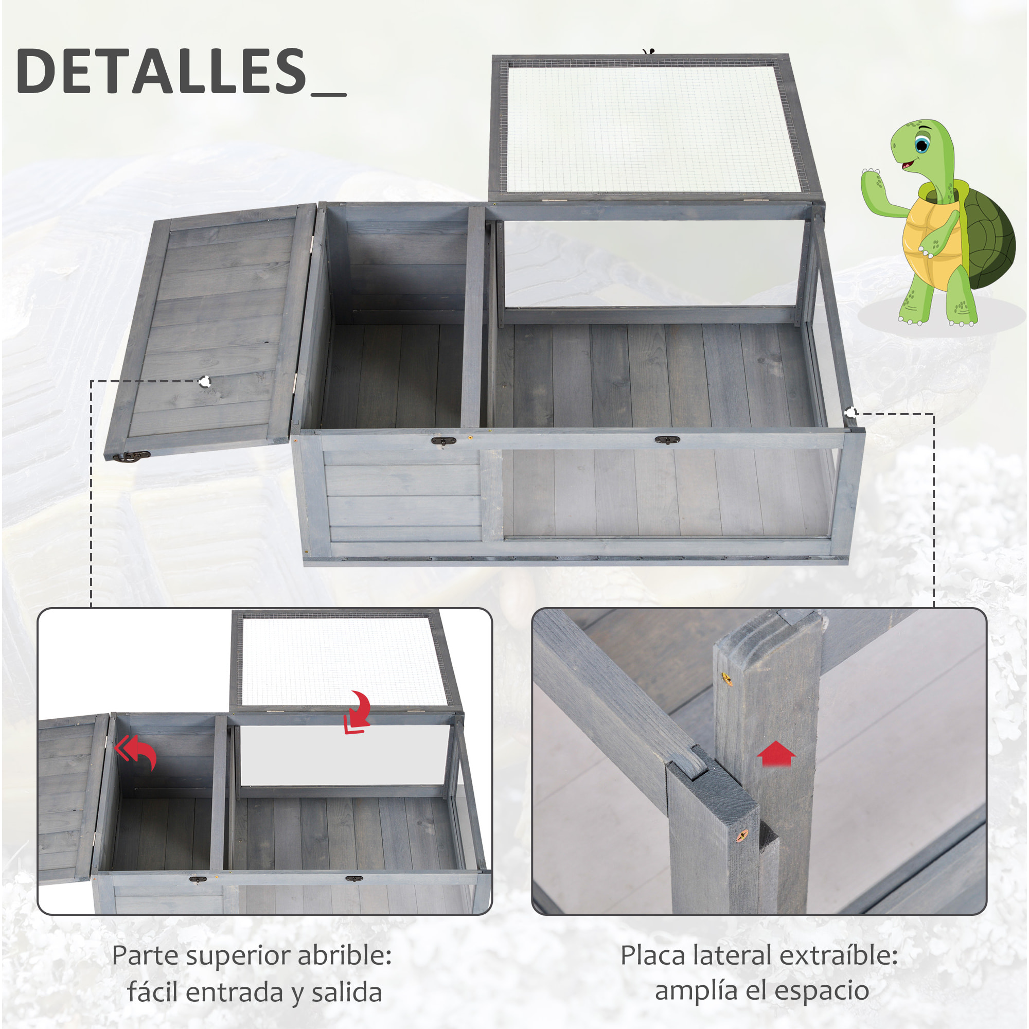 Casa para Tortugas de Madera Terrario para Reptiles con Techo de Malla Paneles Laterales Transparentes Extraíbles y Pestillo de Seguridad Caseta para Tortugas 91x60,5x32 cm Gris