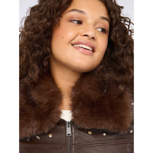 Fiorella Rubino - Chaqueta biker con puntos de luz y cuello de peluche - Marrón