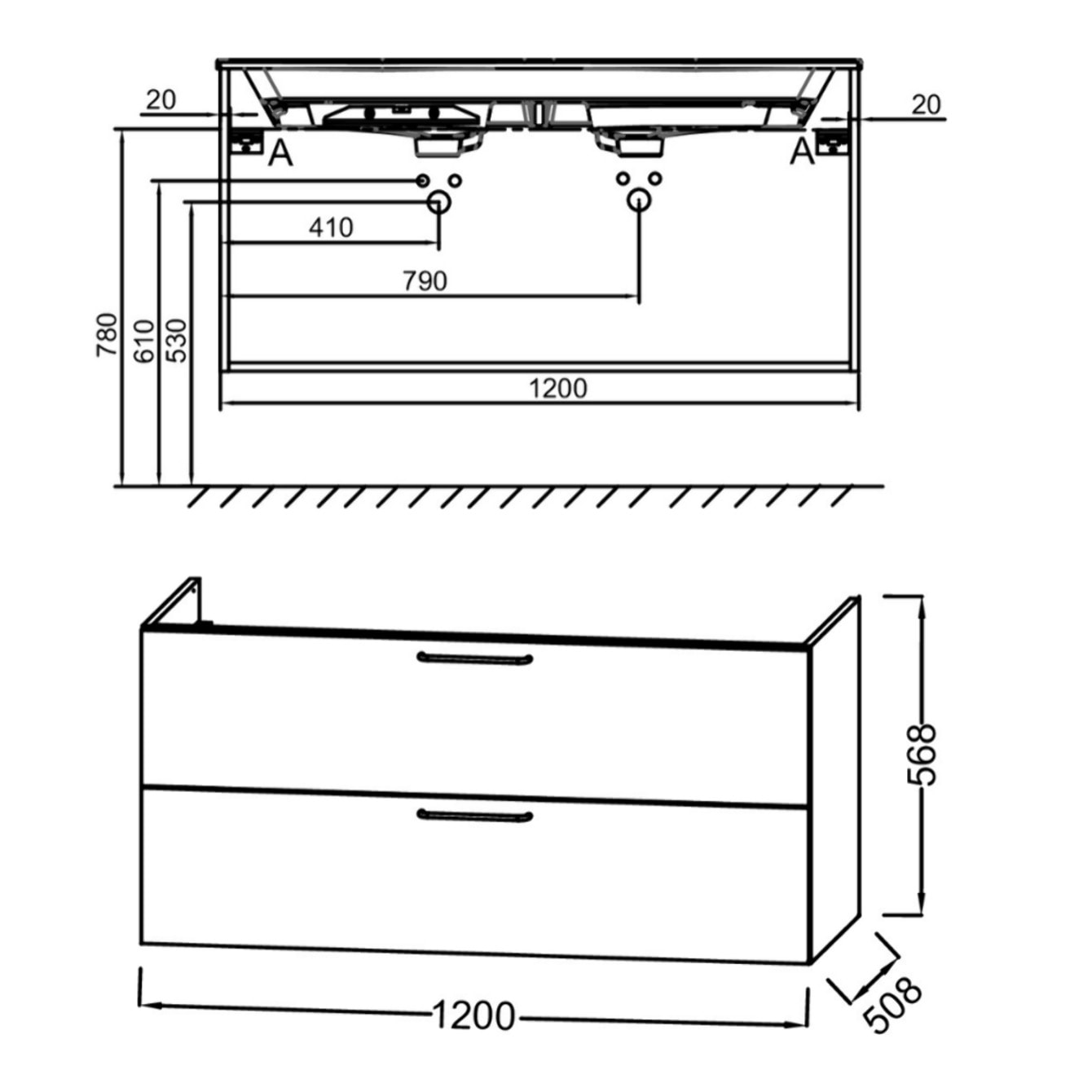 Meuble double vasque 120 cm Odéon Rive Gauche 2 tiroirs blanc