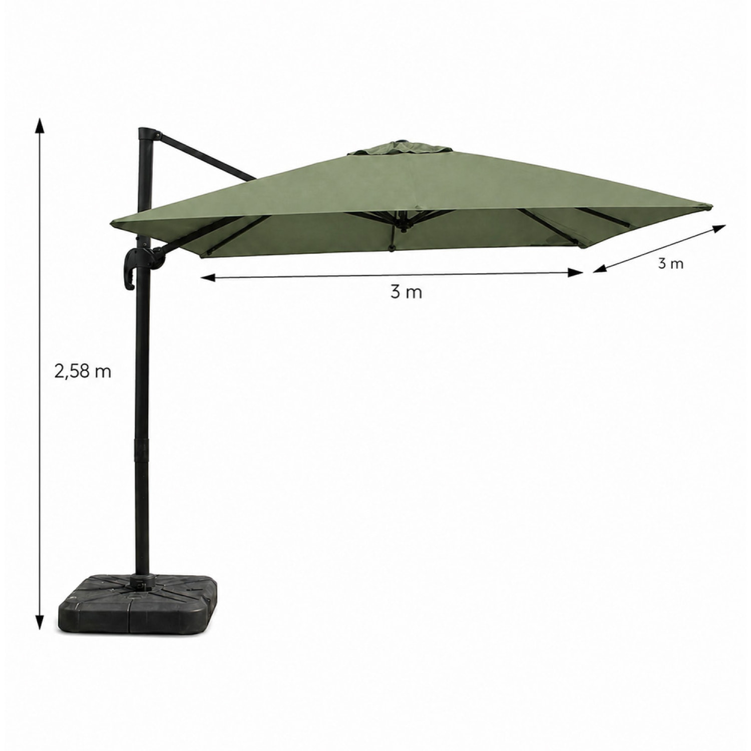 Parasol carré 3x3 déporté rotatif vert en aluminium RAFAELA