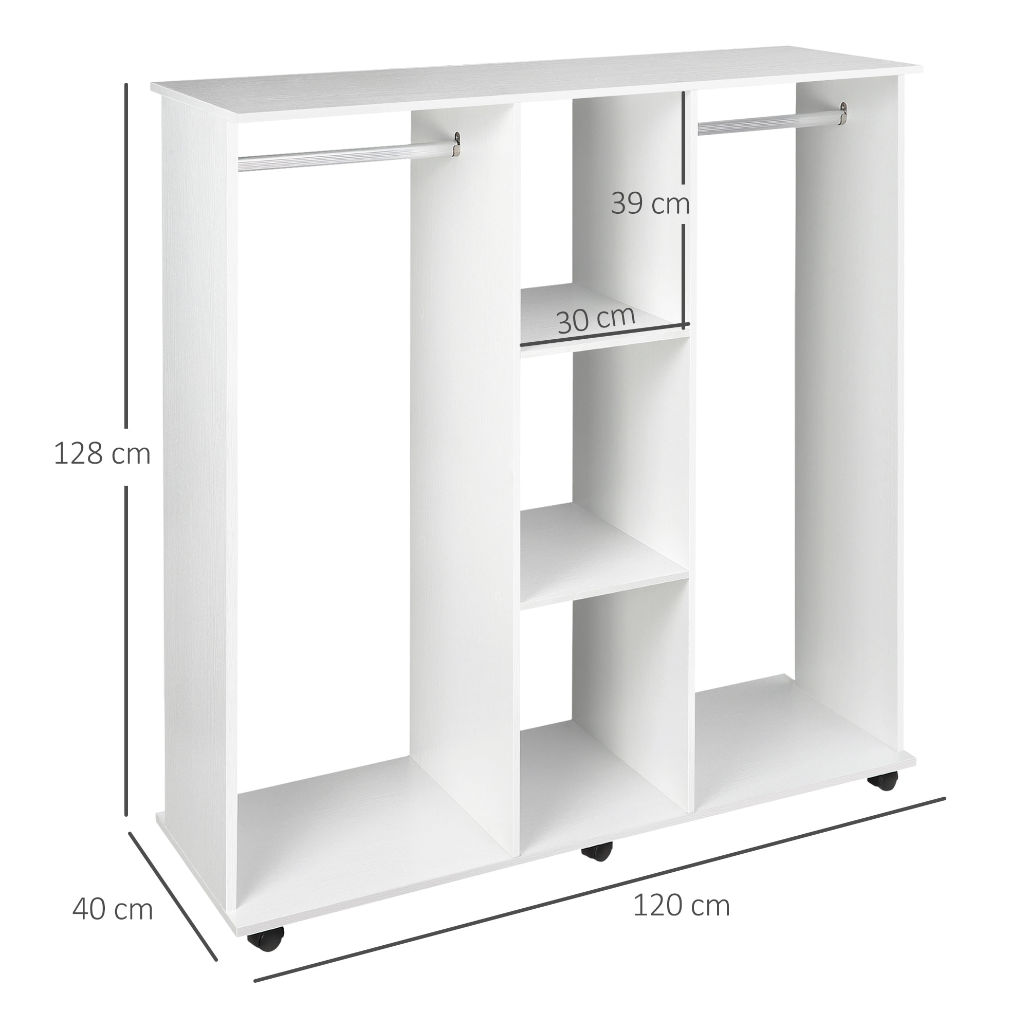 Armoire penderie meuble de rangement mobile 6 roulettes 120L x 40l x 128H cm panneaux de particules aspect bois blanc