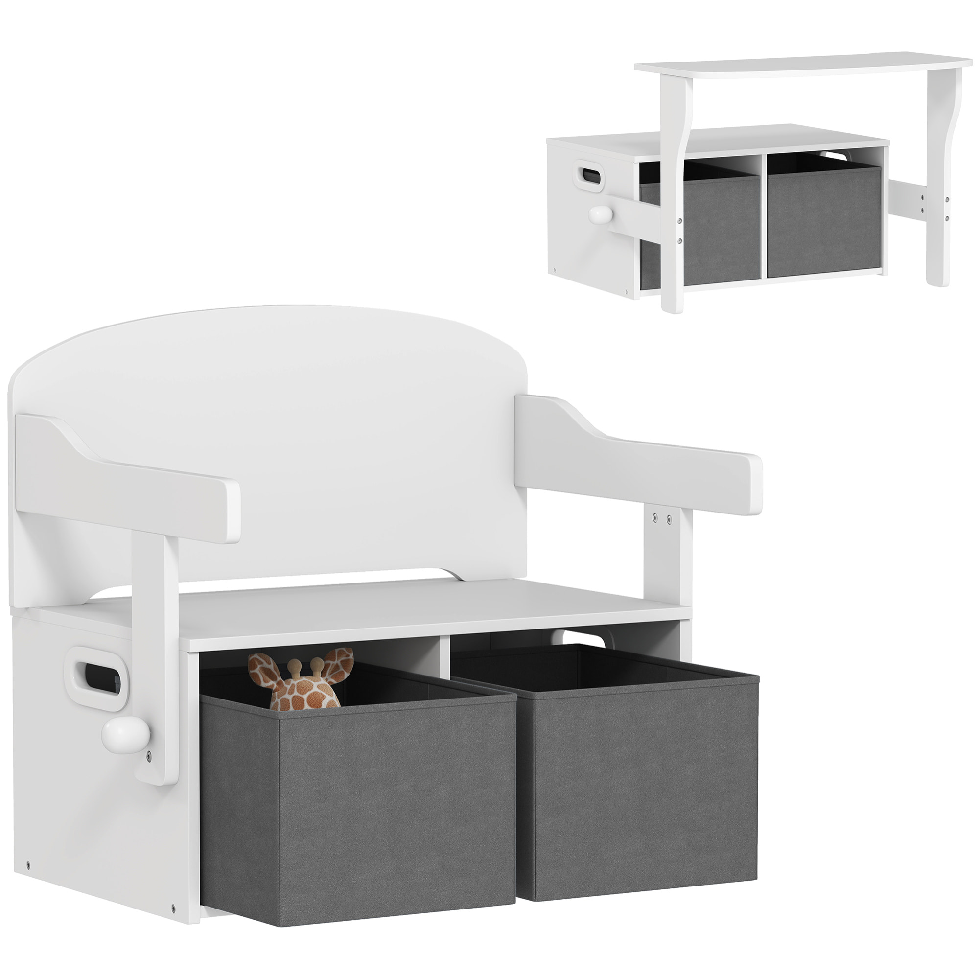 Banco Infantil Convertible 3 en 1, Juego de Mesa y Silla, Baúl de Juguetes con Cubos de Tela Extraíbles, Banco de Almacenaje, Mueble Multifuncional para Niños 3-6 Años, Blanco