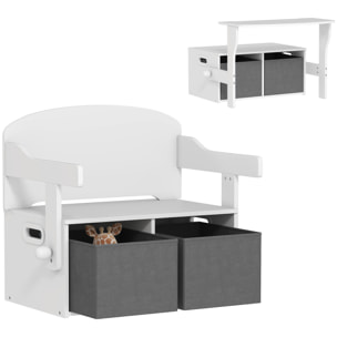 Banco Infantil Convertible 3 en 1, Juego de Mesa y Silla, Baúl de Juguetes con Cubos de Tela Extraíbles, Banco de Almacenaje, Mueble Multifuncional para Niños 3-6 Años, Blanco