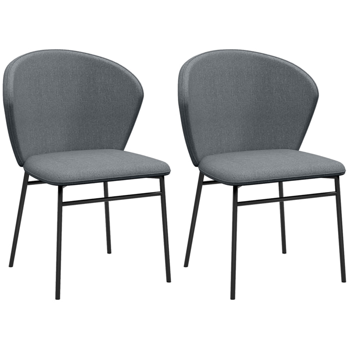 Lot de 2 chaises grand confort dossier enveloppant piètement acier noir revêtement tissu aspect lin gris