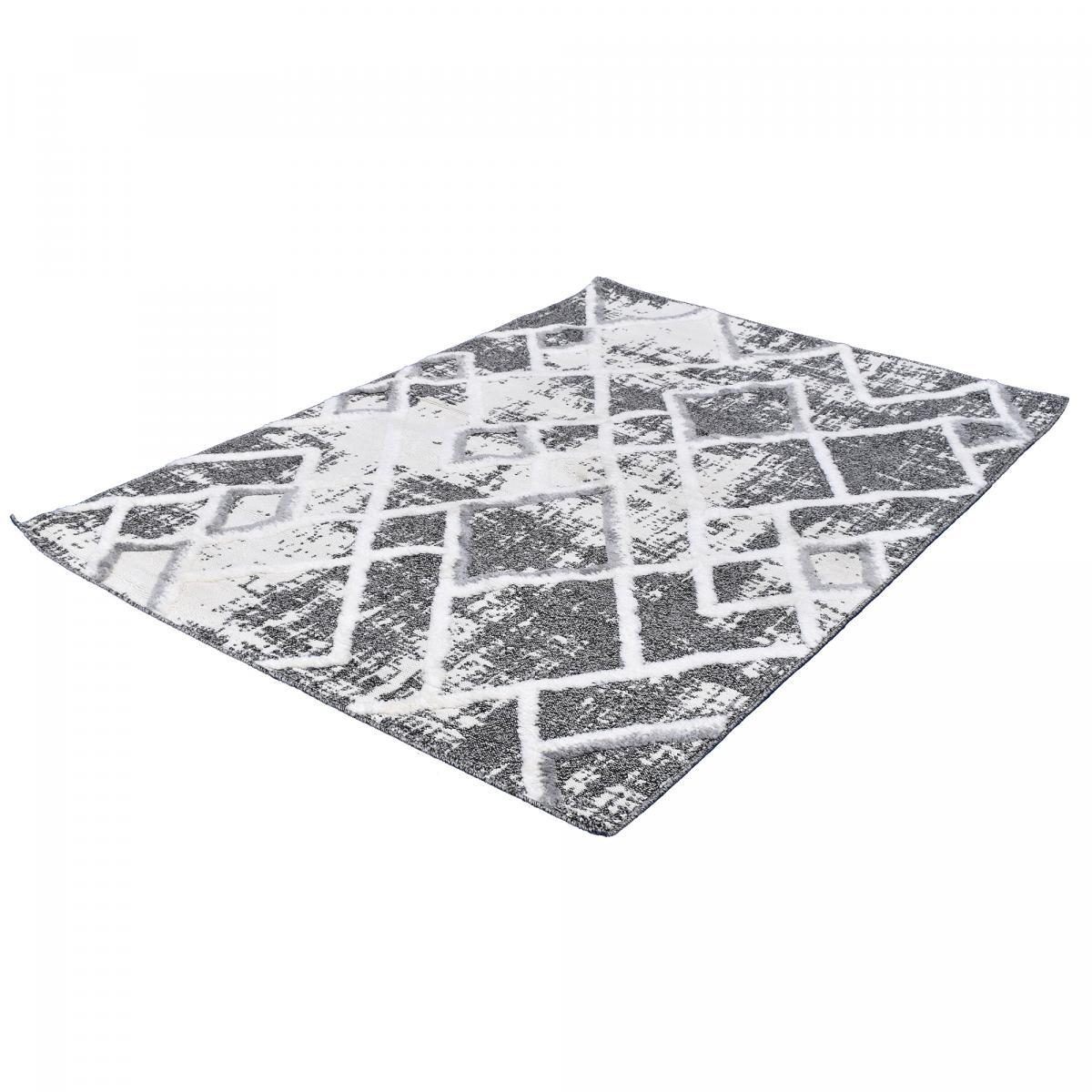 Tapis Gaco en relief dessin géométrique, couleur gris et blanc