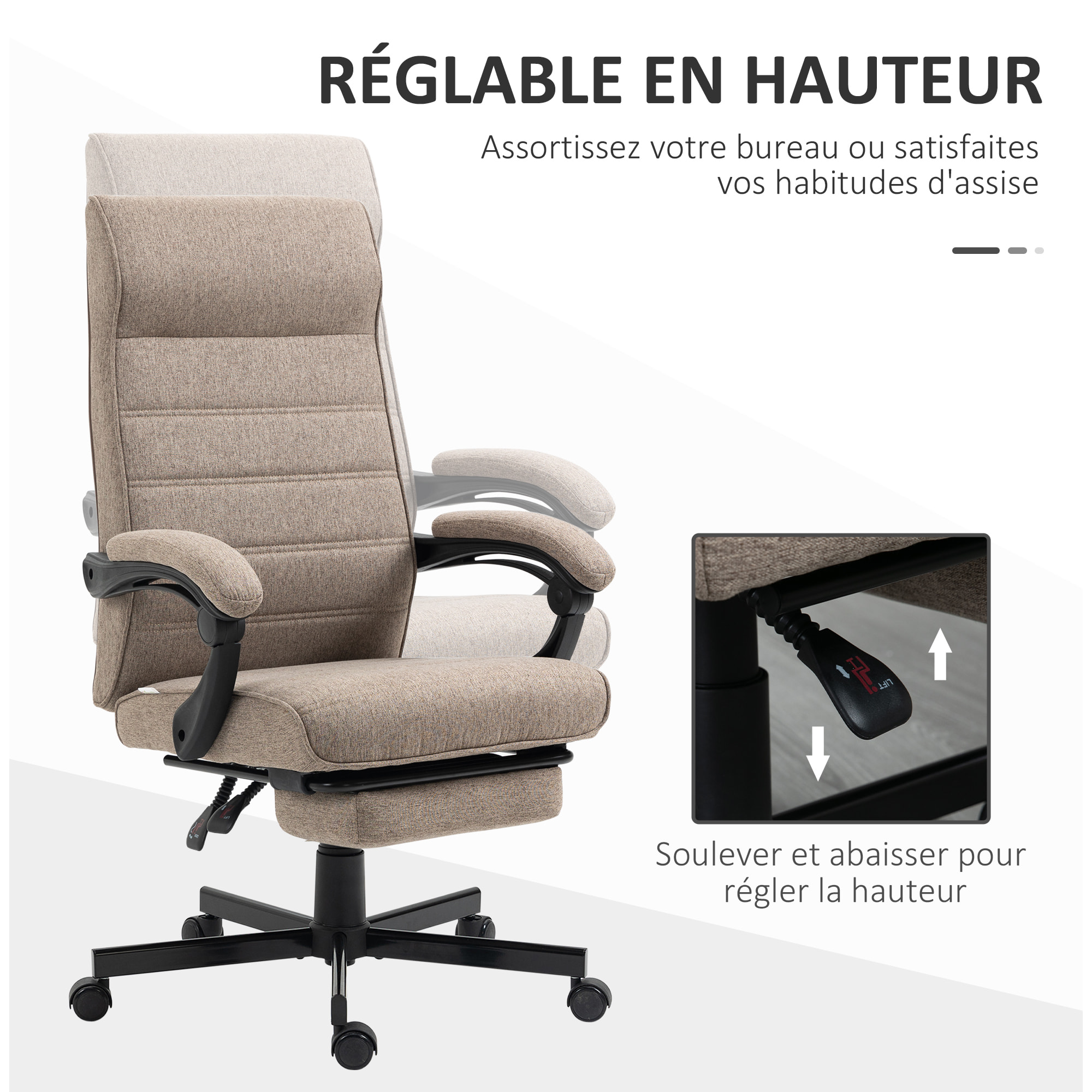 Chaise de bureau manager ergonomique inclinable réglable repose-pied rétractable tissu marron