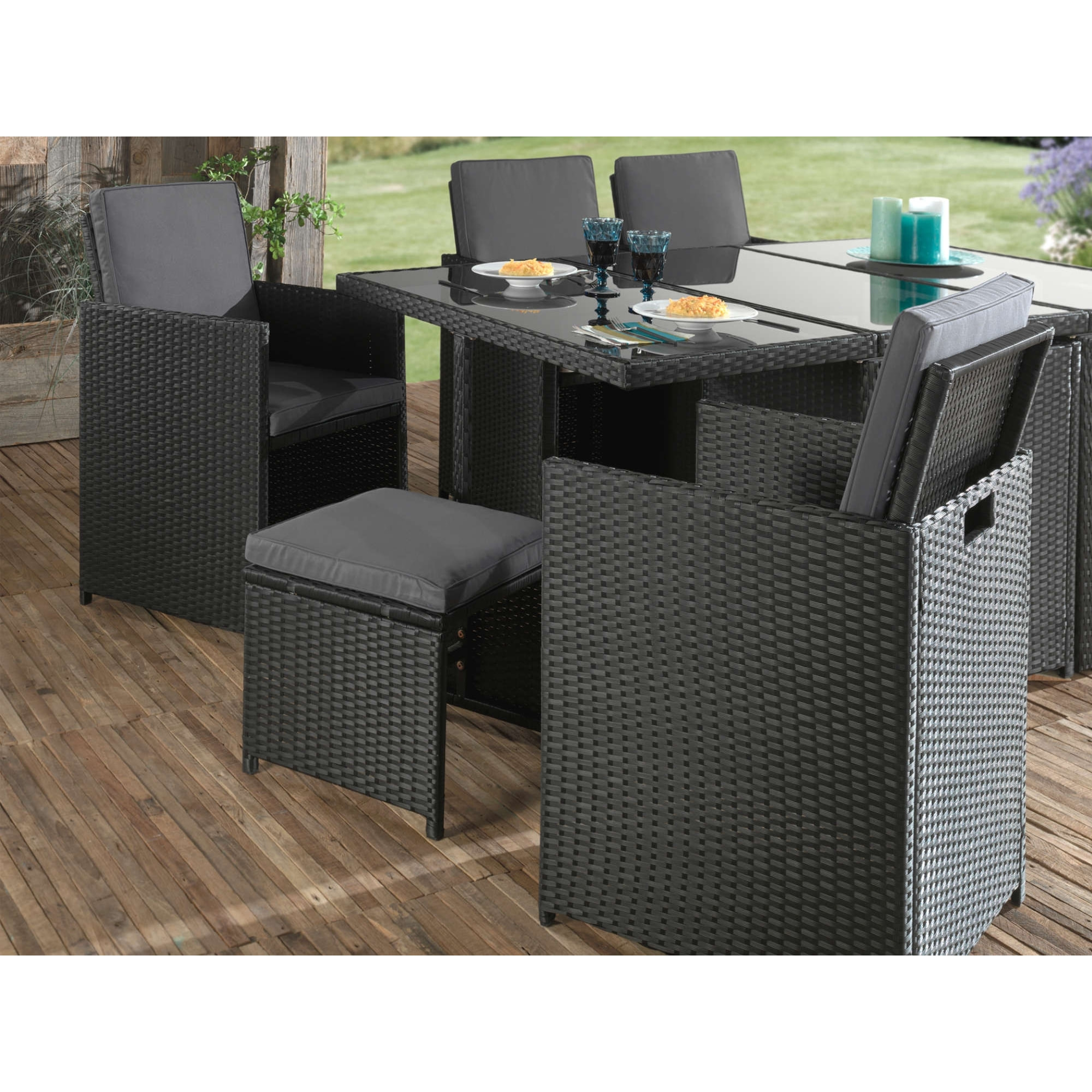 Fira - Salon de jardin encastrable 10 places - en résine tressée - Noir avec coussins gris + housse de protection - Noir / Gris