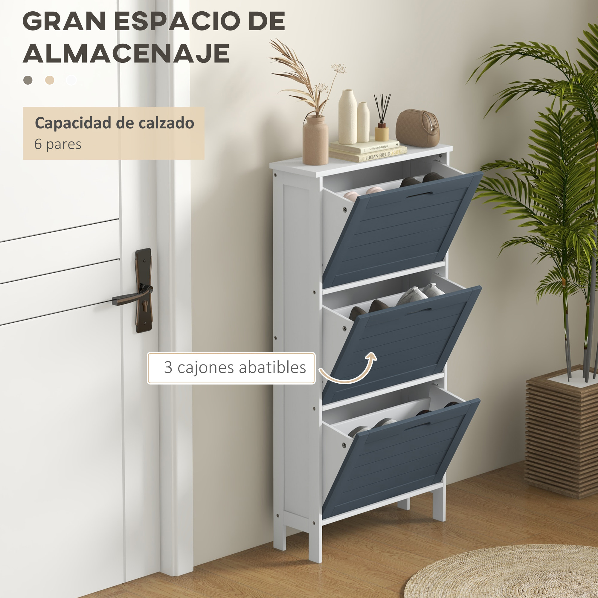 Mueble Zapatero Estrecho Armario Zapatero Alto con 3 Cajones Abatibles para 6 Pares de Zapatos para Entrada Pasillo 53x18x108,5 cm Gris