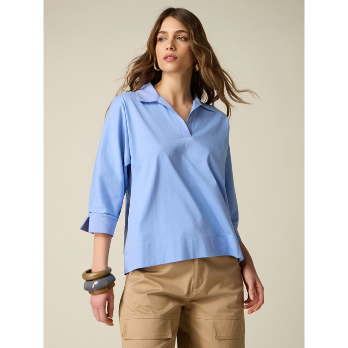 Oltre - Polo con detalles en popelín - Light - blue