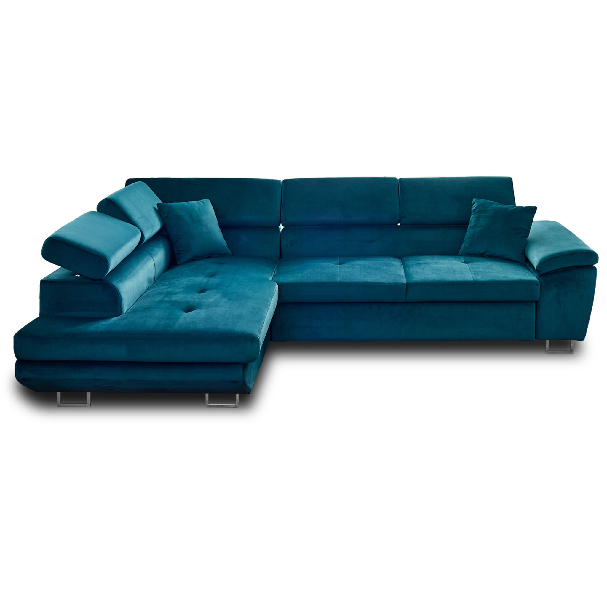 Dimas - canapé d'angle gauche 5 places - convertible avec coffre et têtières réglables - en velours - Bleu