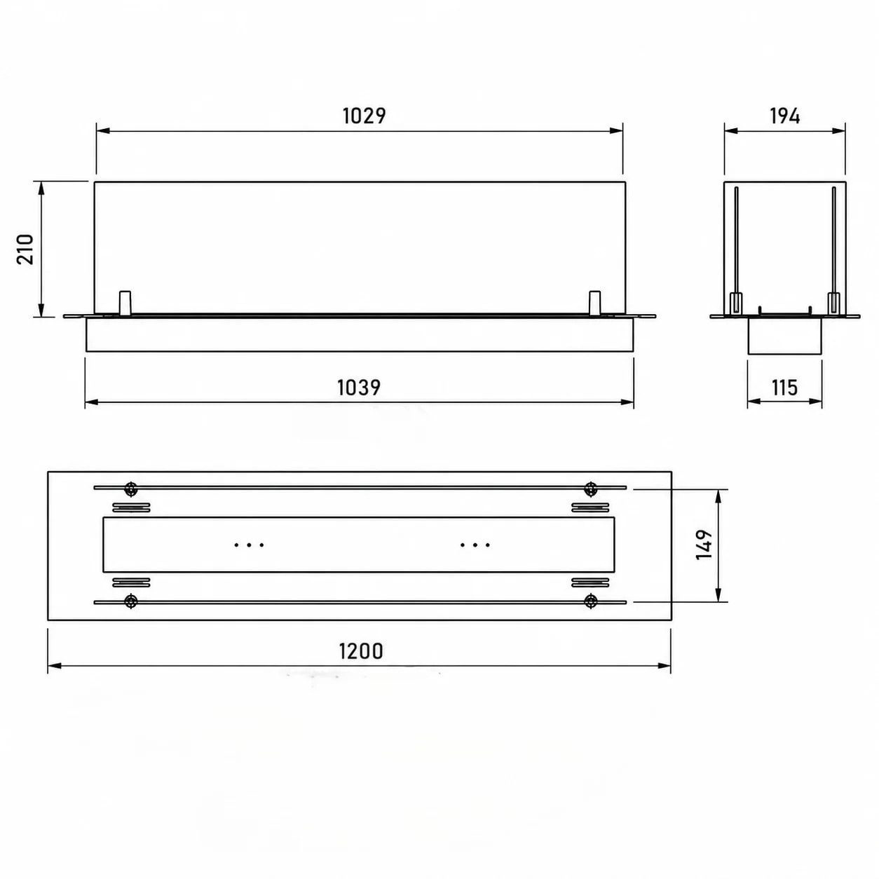 Bruciatore Per Camino A Bioetanolo 119x21x19,4 cm Da Incasso 2lt con Vetri in Cristallo e Acciaio Inox