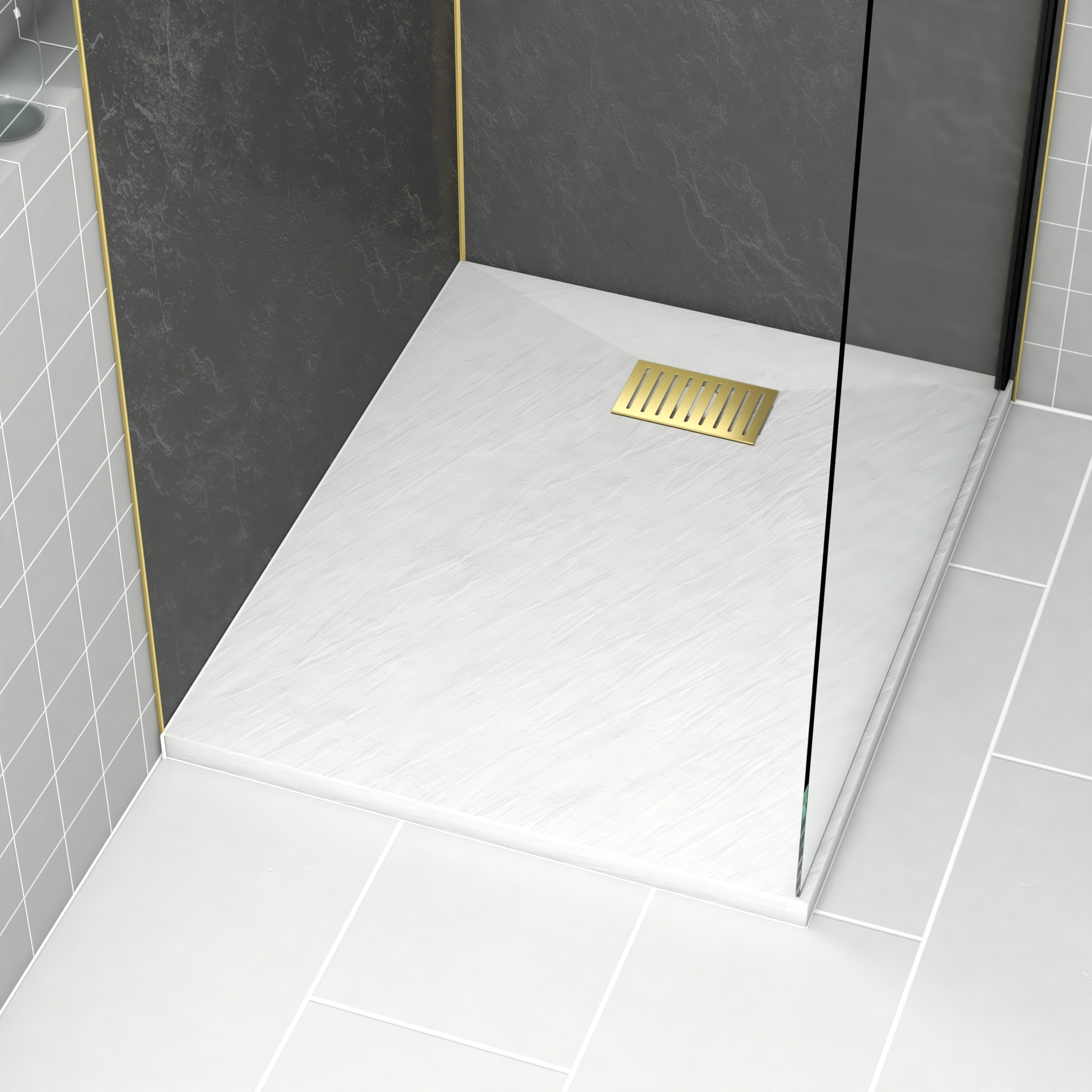 Receveur de douche Blanc Effet Pierre 80x100 cm et Grille décor Linéaire Or Doré Brossé