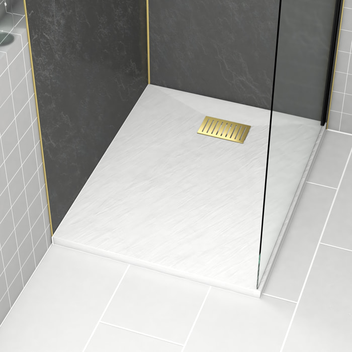 Receveur de douche Blanc Effet Pierre 80x100 cm et Grille décor Linéaire Or Doré Brossé