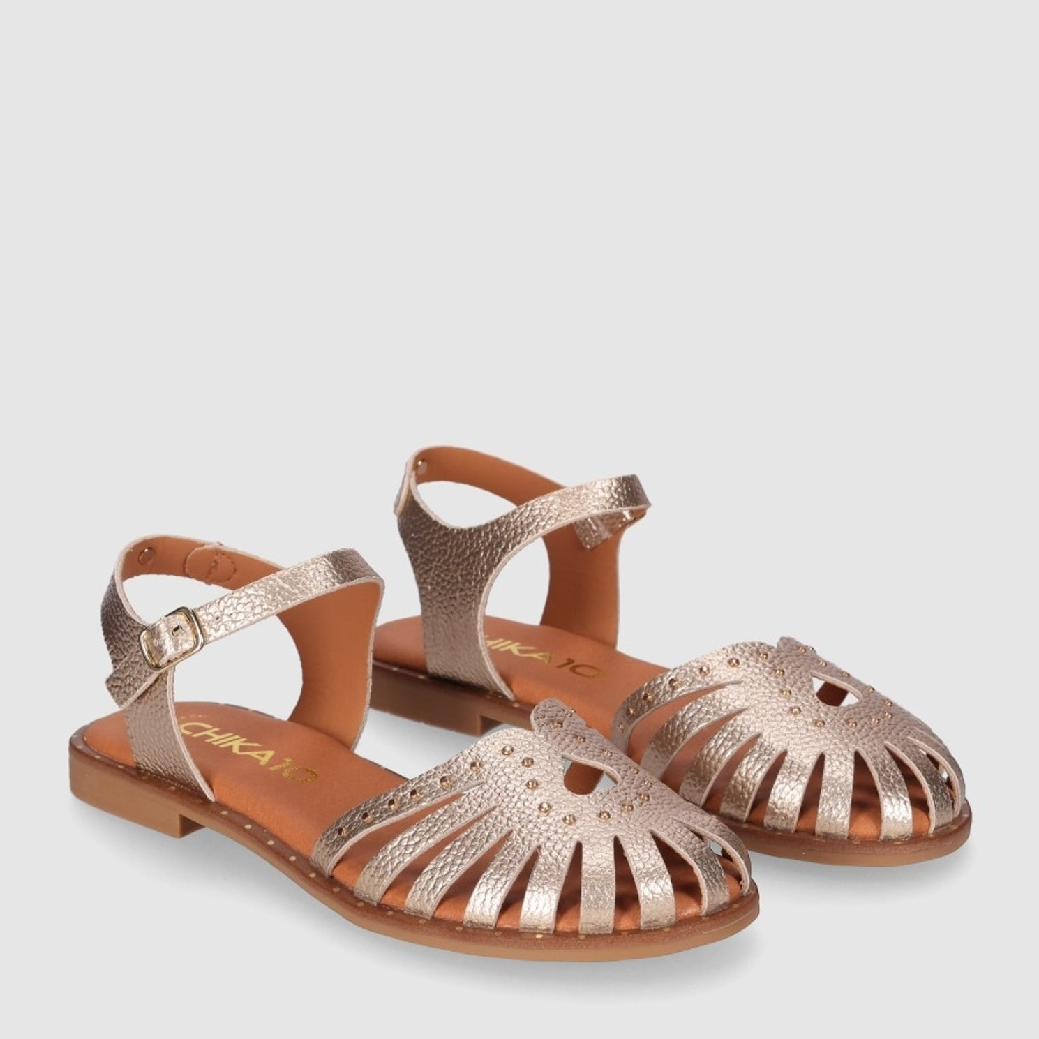 Sandalias de Piel - Oro - Tacón: Bajo