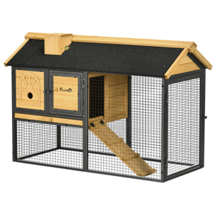 Conejera de Madera de 2 Niveles Jaula para Conejos con Zona Abierta Techo Asfáltico Bandeja Extraíble Puertas y Rampa Conejera para Exterior 120x55,5x80 cm Natural y Negro