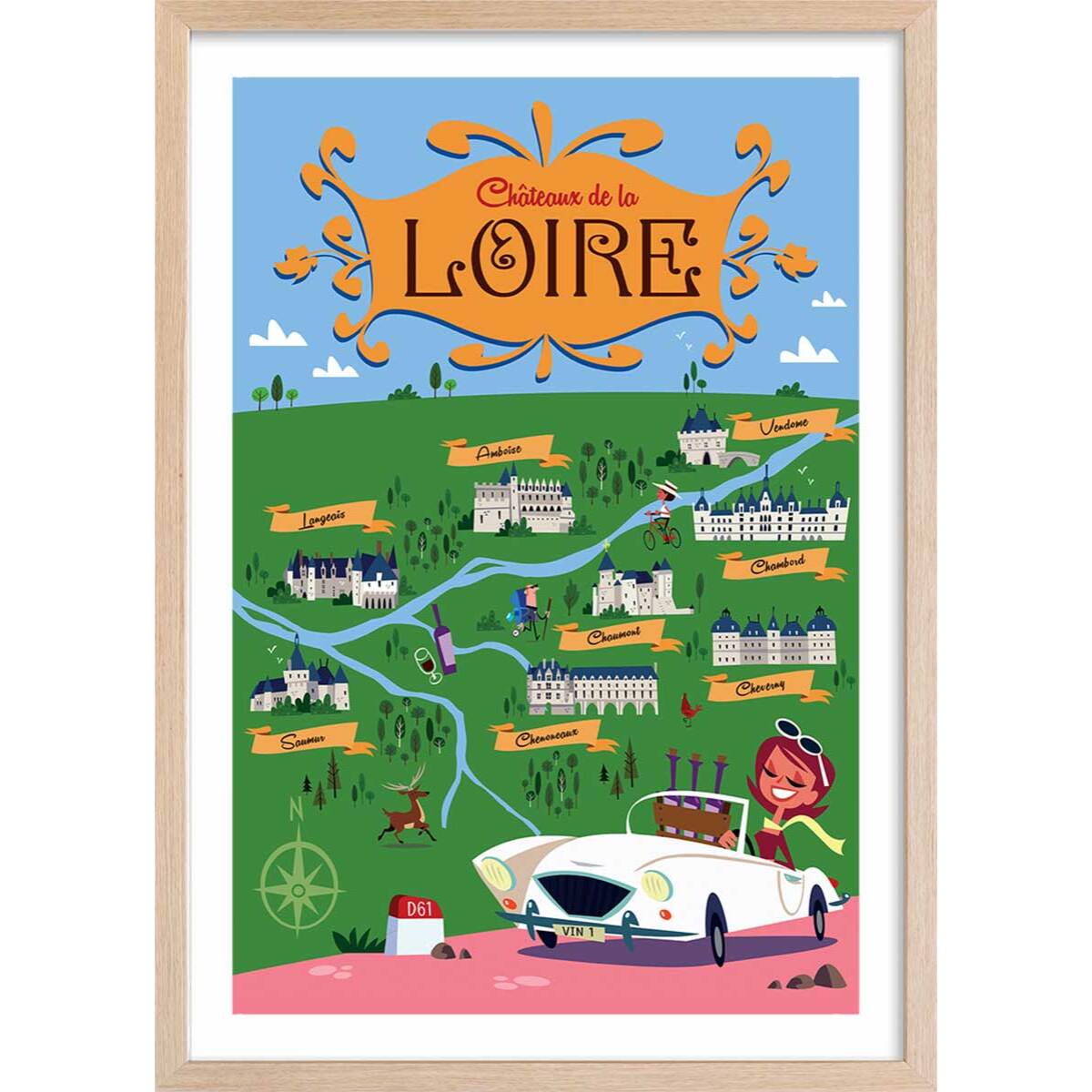 Poster sur la route des chateaux de la loire Affiche sous cadre bois