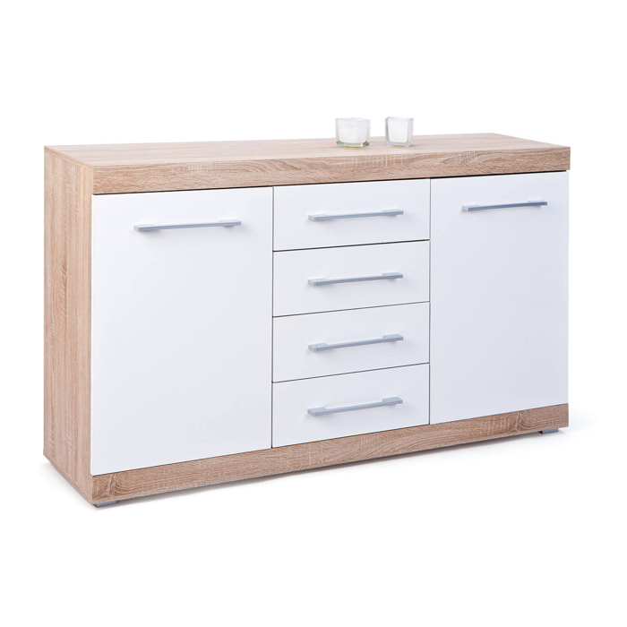 Credenza con 2 ante e 4 cassetti in rovere e laminato bianco, 155 x 40 x 87, Bianco