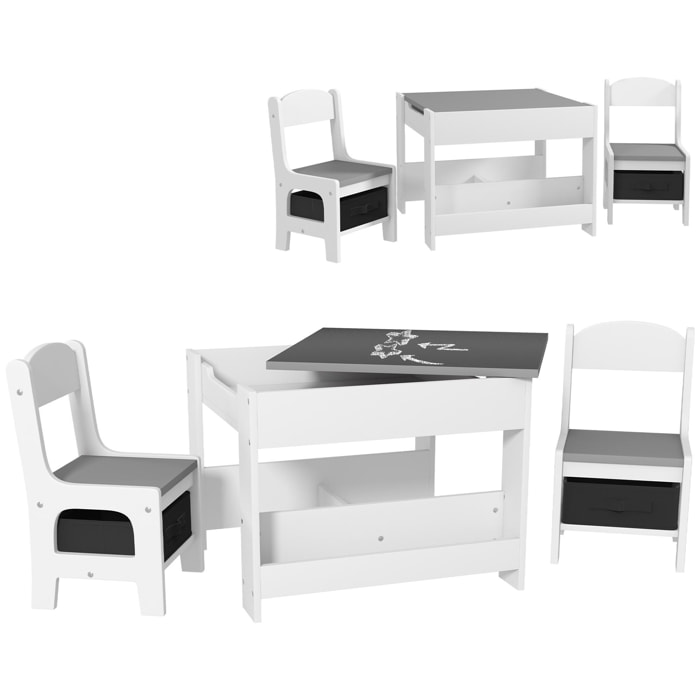 Ensemble table et chaises enfant - 3 pcs - plateau table réversible tableau noir - rangements - étagère - blanc gris