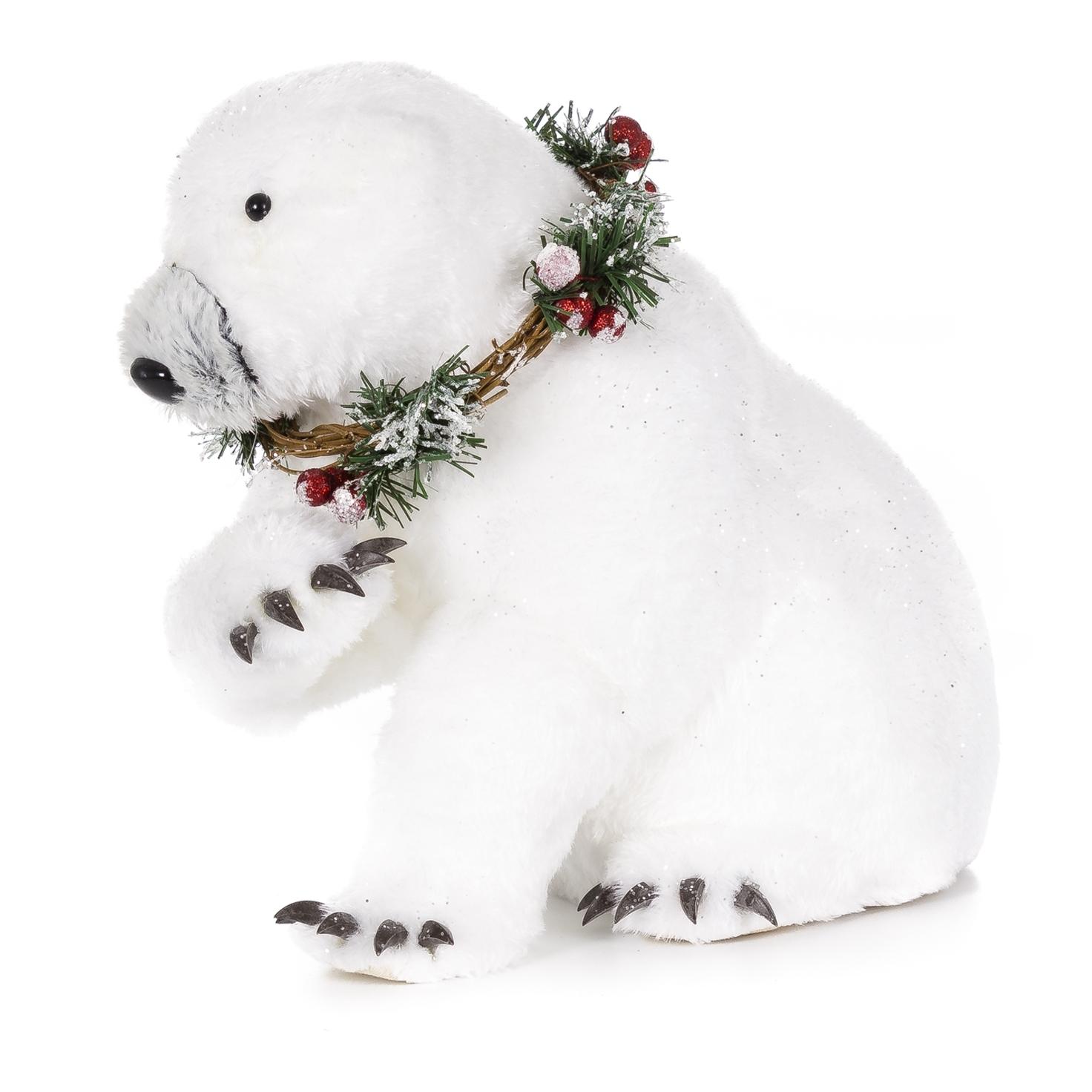 DAM Figura di orso polare seduto, con ghirlanda, 27 cm. 27x15x27 centimetri. Colore bianco