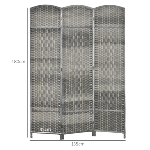 Paravent intérieur 3 panneaux pliables en bois séparateur de pièce style bohème tissé gris