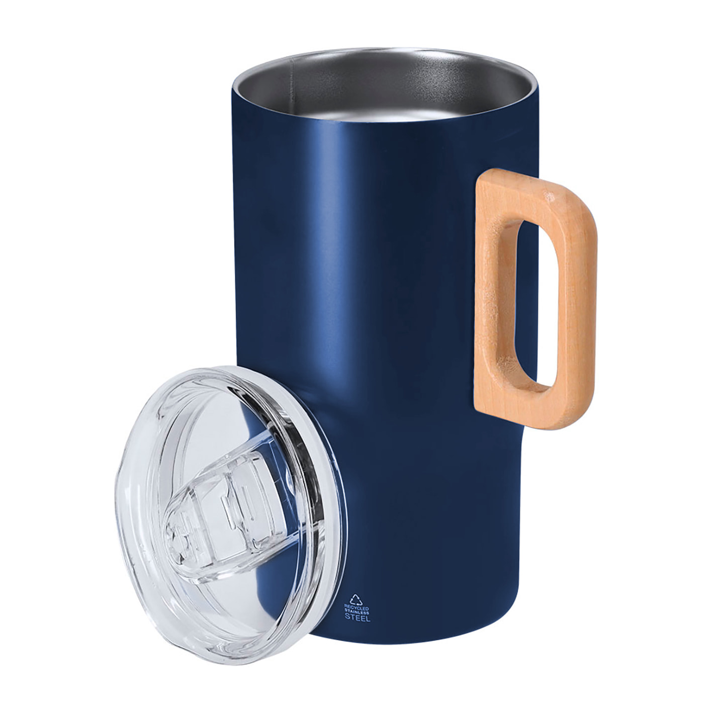 Taza térmica en Acero Inox Reciclado de doble pared con 400 ml de capacidad y asa rígida de madera para mayor comodidad. Libre de BPA.
