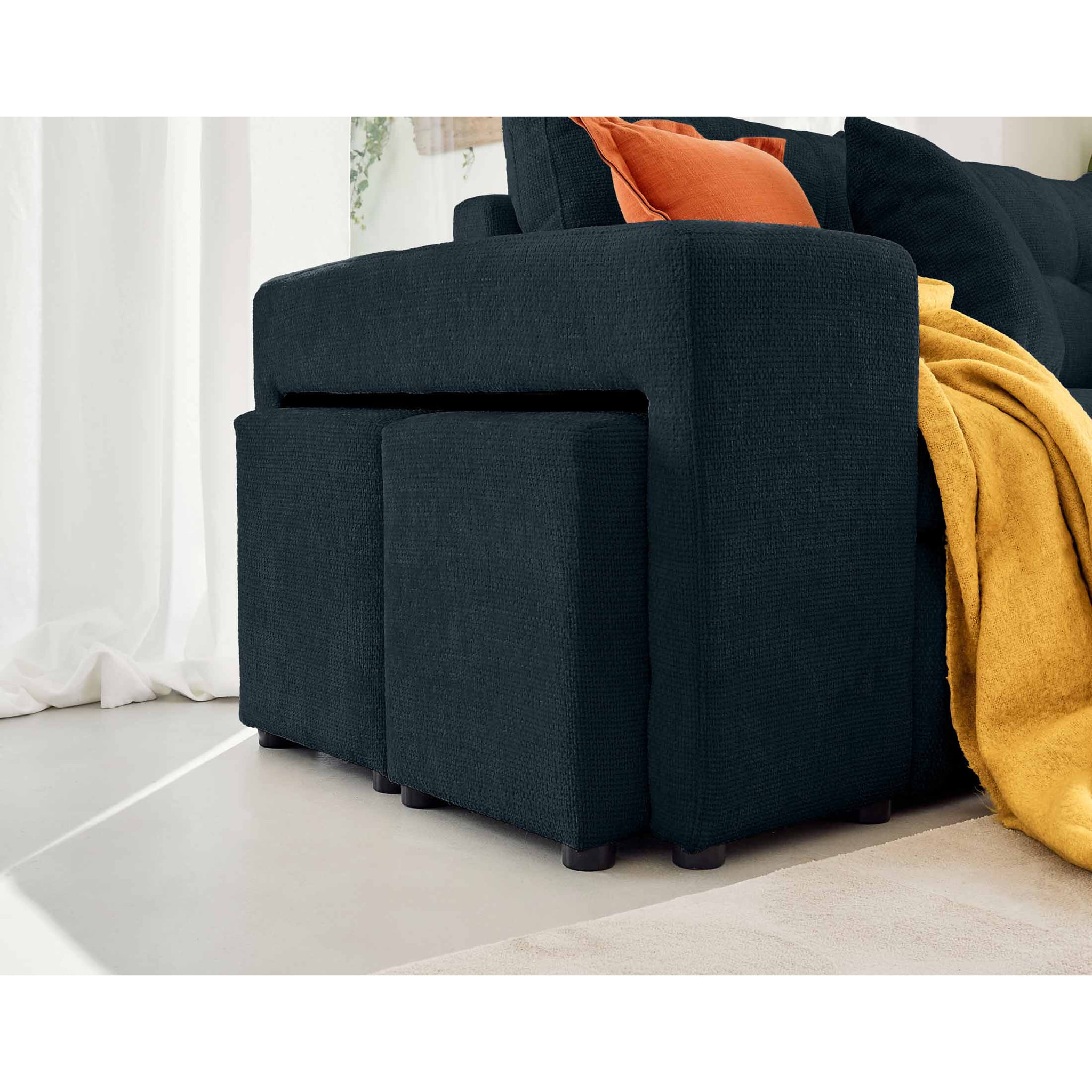 California - canapé d'angle réversible 4 places - convertible avec coffre, étagère et poufs - en velours texturé - Bleu