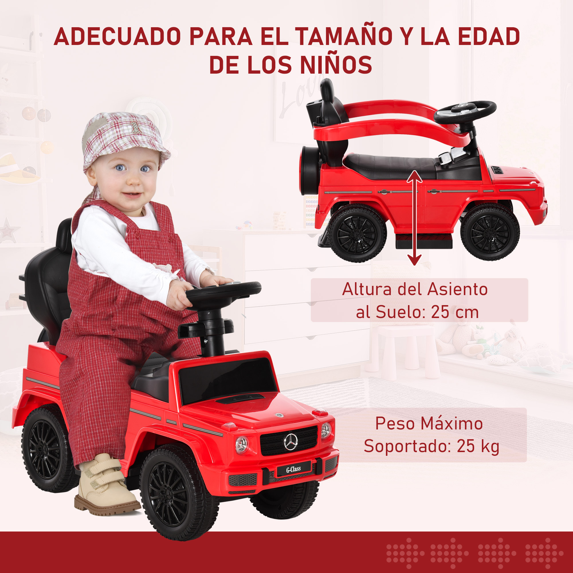 Correpasillos para Niños con Licencia Mercedes G350 Coche Correpasillos para Niños de 1-3 Años con Bocina Capota Extraíble y Barandilla Carga 25 kg 85,5x40,5x95 cm Rojo