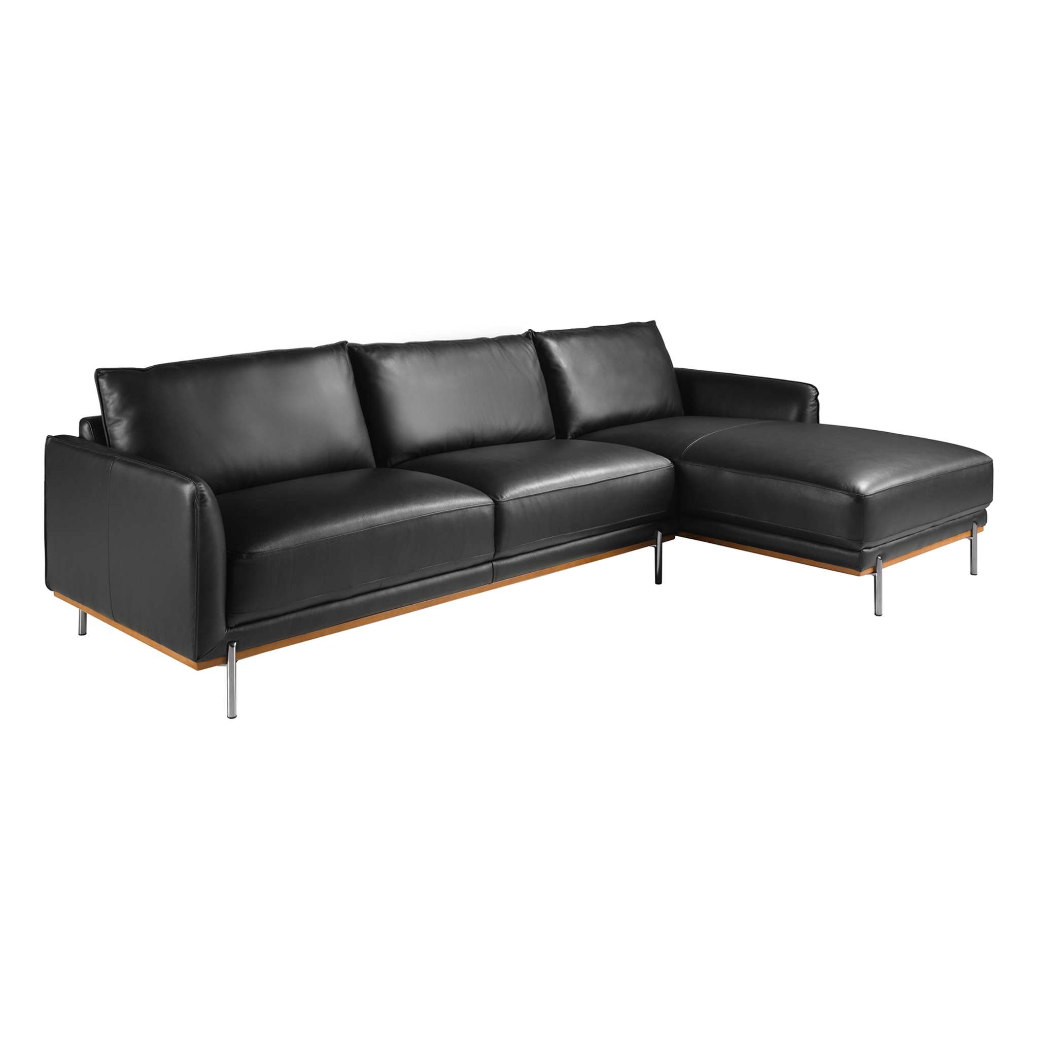 Sofá chaise longue derecha de 5 plazas tapizado en piel de origen vacuno en negro embellecedor de madera de haya vaporizada en nogal y patas de acero inoxidable oscurecido 295x160x83cm